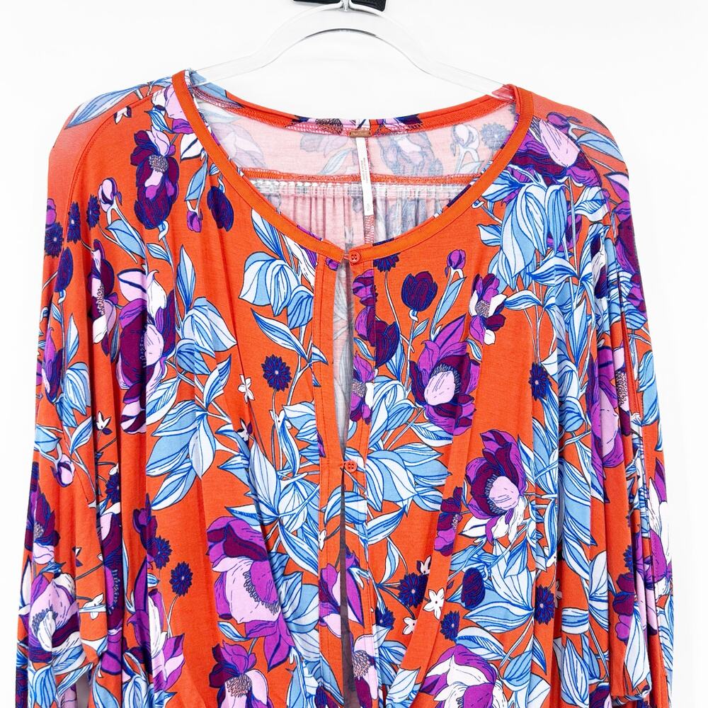 Free People Keepin’ On Orange Floral Tie Sleeves Top 3/4 Sleeves Womens Sz S - Picture 4 of 12